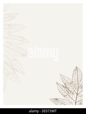 Elegant botanical frame with imprint textured leaf stamp on beige background, minimalist tropical foliage border for wedding invitations and greeting Stock Vector
