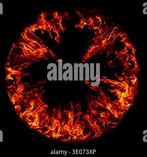 Ring of fire on black background. Burning fire circle with flames. Flame ring isolated black. Fiery circle with glowing flames overlay. Burning ring Stock Photo