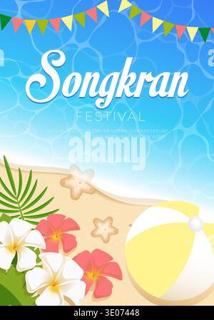 Songkran Festival design with beach scene and festive elements. Vector illustration Stock Vector
