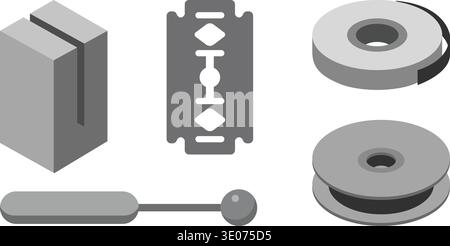 A grayscale illustration set featuring everyday utility and hardware items including a razor blade, adhesive tape roll, spool, magnet block, and mecha Stock Vector