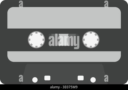 Flat illustration of a gray audio cassette tape showing internal reels and tape window Stock Vector