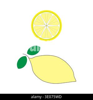 Whole yellow lemon. Bright citrus fruit. Fresh slice segment Vector. Green leaves garnish. Stock Vector