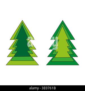 Geometric layered trees. Green pine Vector icons. Christmas festive symbols. Abstract forest elements. Stock Vector
