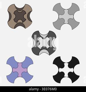 Abstract shape puzzle. Five monochrome symbols. Different color Vector palettes. Geometric tile elements. Stock Vector