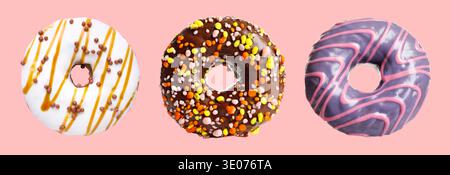 Different tasty donuts on pink background, set Stock Photo