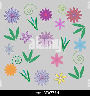 Sophisticated floral set. Summer nature Vector. Sophisticated bloom elements. Comprehensive grey background representations. Stock Vector