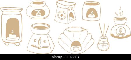 Aromatherapy. Aroma Lamps with Candles Doodle Set. Line Art Home Fragrance, Reed Diffuser Isolated hand-drawn on White Background. Vector Illustration Stock Vector
