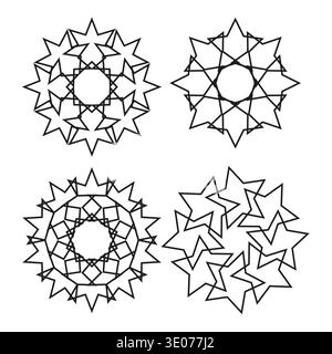 Star geometric mandalas. Abstract circular shapes. Black outline Vector ornament. Decorative pattern set.. Stock Vector