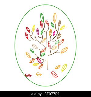 Autumn tree illustration. Colorful falling leaves. Vector hand drawn oval. Seasonal nature emblem. Stock Vector