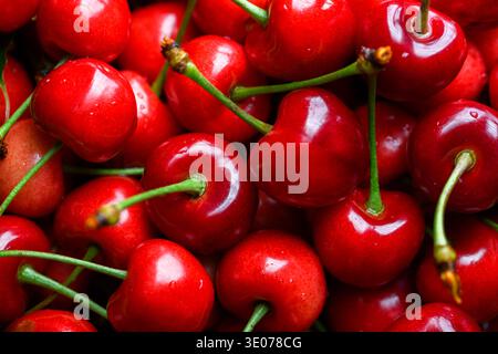 Full frame of bright red cherries with water droplets. Fresh sweet fruit texture, summer food photography Stock Photo
