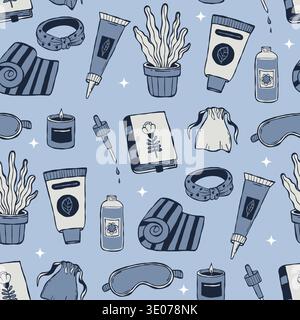 Yoga and Spa Seamless Pattern. Skincare Cosmetics, Cozy Sleep Mask, Towel, Flowerpot and Book on Blue Background. Indigo Wellness Doodles Hand Drawing Stock Vector