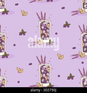 Blackcurrant and Lavender Cocktail Seamless Pattern. Berry Drinks, Flowers, Citrus and Ice Cubes on Purple Background. Refreshing Cottagecore Craft Bl Stock Vector
