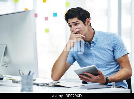Computer, investor and man with stress, tablet for investment error and confused. Person, profit loss and financial advisor in office, tech and email Stock Photo