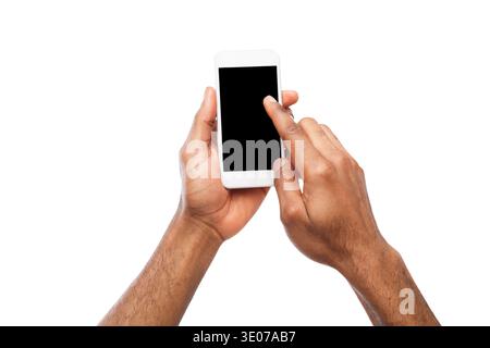 Male hands pointing on blank smartphone screen Stock Photo