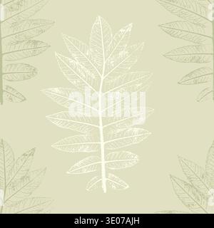 Seamless pattern with imprint leaves Rhus typhina on sage green background, vintage botanical pattern with distressed texture for textile and wallpape Stock Vector