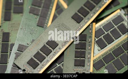 RAM computer memory module hardware technology. RAM DDR chip electronics circuit board. RAM DRAM microchip motherboard slot. RAM computing processor Stock Photo