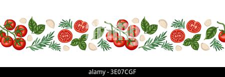 Seamless border of tomato cherry and rosemary. Vector hand drawn food illustration for kitchen menu and restaurant template. Cartoon repeat garlic and basil leaf drawing perfect for product design. Stock Vector