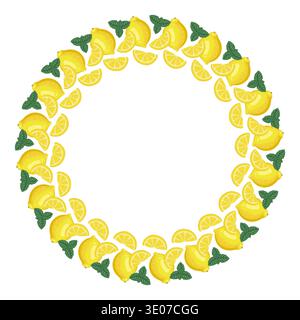 Lemon and mint circle frame vector food illustration. Hand drawn wreath with yellow citrus slice and green leaves. Fresh ingredient for summer menu design. Perfect for product packaging template. Stock Vector