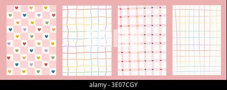 Pastel rainbow pride background set. Retro hand-drawn checkerboard, gingham, and grid patterns with colorful heart accents. Cute whimsical aesthetic Stock Vector