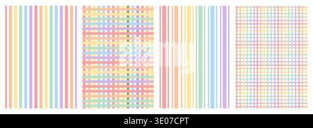 Retro vintage pastel rainbow pride pattern set. Subtle muted stripes, plaid and grid backgrounds. Funky textured LGBTQ queer graphic wallpaper Stock Vector