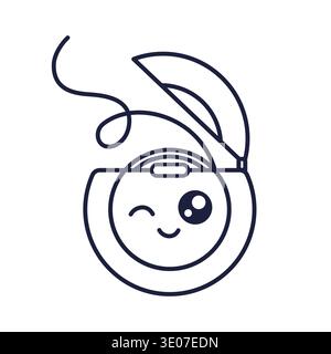 Outline Kawaii dental floss character. Cute oral care character. Pediatric dentistry concept. Dental floss illustration isolated on white. Oral hygiene concept. Dental cleaning tool. Coloring page Stock Vector