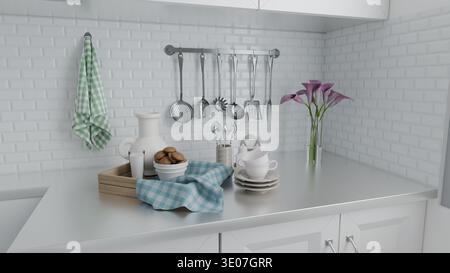 kitchen counter displays various utensils hanging on a rack. tray with cookies sits next to plates and cups, while flowers add a touch of color during Stock Photo
