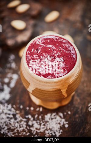 Detox, above and beetroot with smoothie on table for health drink, nutrition and weight loss beverage. Protein shake, organic and minerals with top Stock Photo