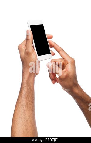 Male hands pointing on blank smartphone screen Stock Photo