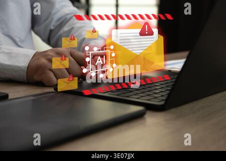 AI email security and phishing detection concept an working artificial intelligence chip alert mail automated cyber defense email encryption Stock Photo