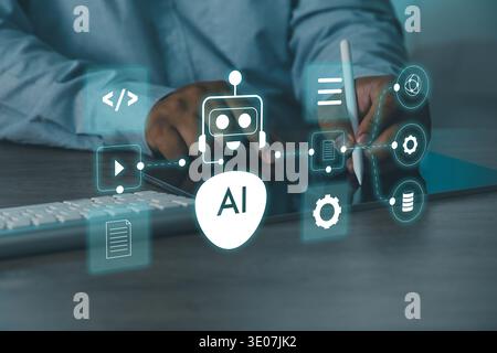 AI workflow automation and chatbot integration concept showing interacting with tablet displaying connected process ai Transfer of data between applic Stock Photo