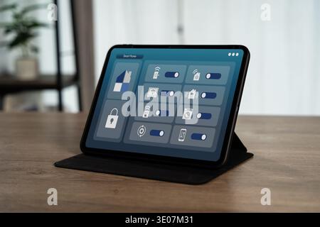 Smart home control panel on tablet with home automation interface, IoT technology dashboard for security, lighting and energy management in modern liv Stock Photo