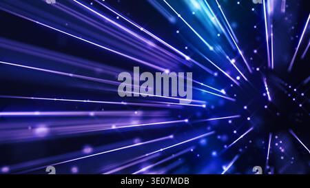 Digital network displaying light lines creating a fast data information flow background. Purple and blue illuminated dots Stock Photo