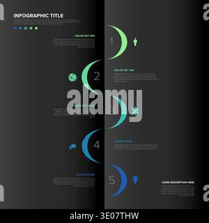 A modern infographic template featuring five progressive steps on a dark background. This professional infographic design uses icons and numbers to vi Stock Vector