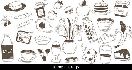 Hand drawn ink set of breakfast themed illustrations. Collection of food and drink items for meals in doodle sketch style. Relaxed morning vibe Stock Vector
