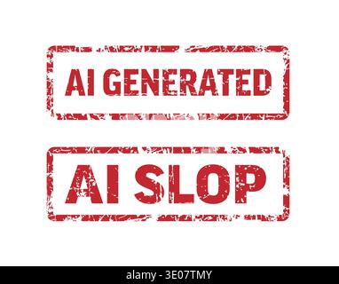 Grungy red AI generated and AI slop rubber stamps on a white background. This AI generated and AI slop signage set uses a weathered texture to indicat Stock Vector