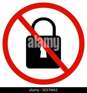 No locking icon. Lock is forbidden. Red prohibition sign of lock. Lock prohibited symbol. No lock logo. flat style. Stock Photo