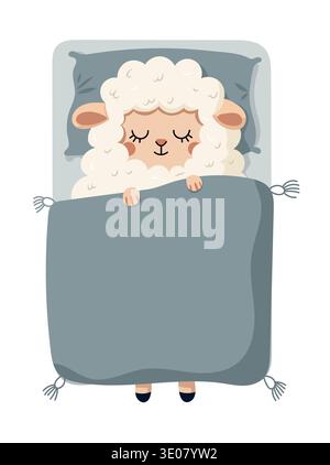 Cute Sleeping Sheep in Bed Nursery Illustration. Adorable lamb tucked under a blanket in soft pastel colors. Flat vector clipart, illustration Stock Vector
