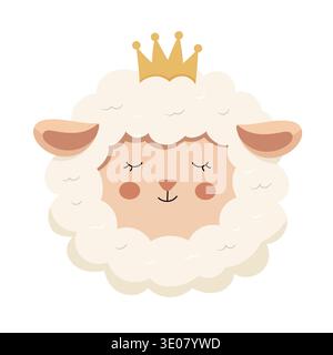 Cute Princess Sheep Face with Golden Crown. Adorable nursery style lamb illustration in soft pastel colors. Flat vector clipart, illustration Stock Vector