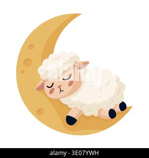 Cute Sleeping Sheep on Crescent Moon. Adorable nursery style lamb illustration in soft pastel colors. Flat vector clipart, illustration Stock Vector