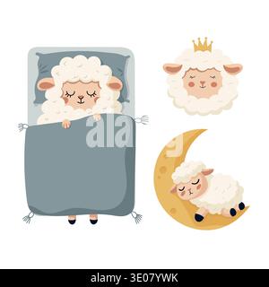Cute Sleeping Sheep Nursery Set with Moon and Crown. Adorable lamb illustrations in soft pastel colors. Flat vector clipart, illustration Stock Vector