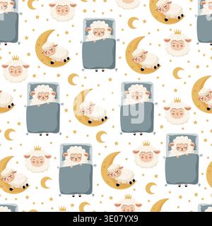 Seamless Cute Sleeping Sheep Nursery Pattern with Moon and Stars. Adorable lamb illustrations in soft pastel colors. Flat vector clipart, illustration Stock Vector