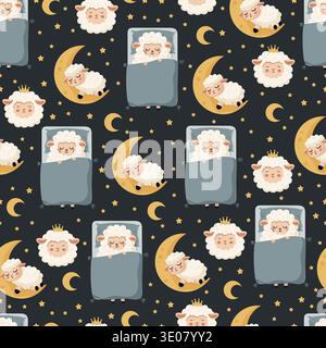 Seamless Cute Sleeping Sheep Nursery Pattern with Moon and Stars. Adorable lamb illustrations in soft pastel colors. Flat vector clipart, illustration Stock Vector