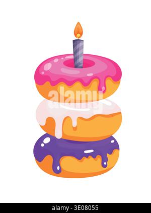 Colorful Donuts with Lit Birthday Candle Illustration. Sweet glazed doughnuts stacked with pink, white and purple icing. Flat vector clipart Stock Vector