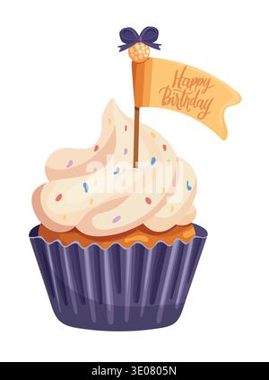 Festive birthday cupcake with creamy vanilla frosting and colorful sprinkles topped with a Happy Birthday flag. Cute flat vector illustration Stock Vector