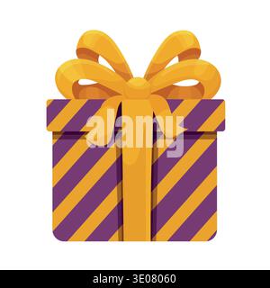 Purple and Yellow Gift Box with Ribbon Bow Illustration. Festive wrapped present isolated on white background, flat vector design for birthday Stock Vector