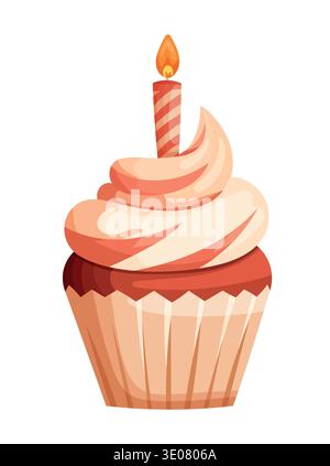 Birthday Cupcake with Cream Swirl and Lit Candle Illustration. Sweet festive dessert in flat vector style isolated on white background Stock Vector