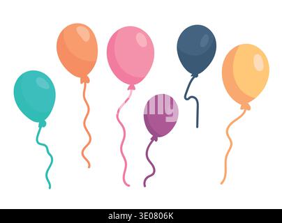 Colorful Party Balloons Set Isolated on Light Background. Bright flat vector illustration of festive helium balloons with ribbons Stock Vector