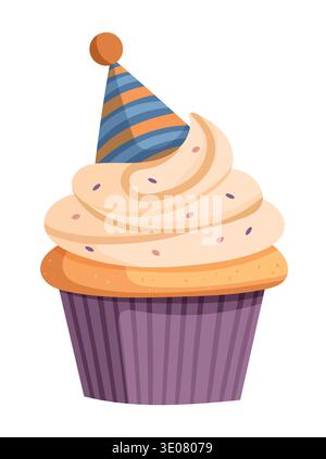 Festive birthday cupcake with creamy vanilla frosting and colorful sprinkles topped with a striped party hat. Cute flat vector illustration isolated Stock Vector