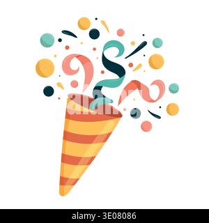 Colorful Party Popper with Confetti Explosion. Festive flat vector illustration of a striped celebration cracker bursting with bright streamers Stock Vector