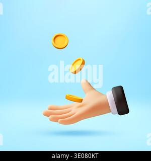 3d cartoon hand catching falling gold coins. Stock Vector